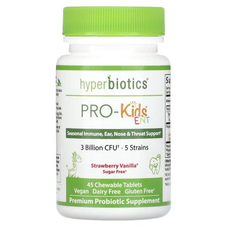 Hyperbiotics, PRO-Kids ENT, пробиотики для детей, без сахара, с клубничным и ванильным вкусом, 45 за