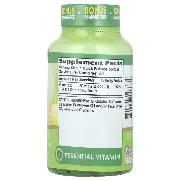 Nature's Truth, витамин D3, высокоактивный, 50 мкг (2000 МЕ), 300 капсул с быстрым высвобождением