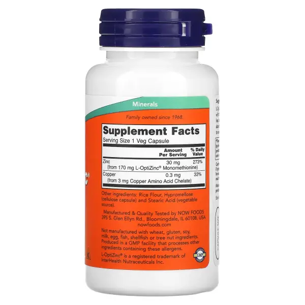 NOW Foods L-OptiZinc 30 мг 100 растительных капсул