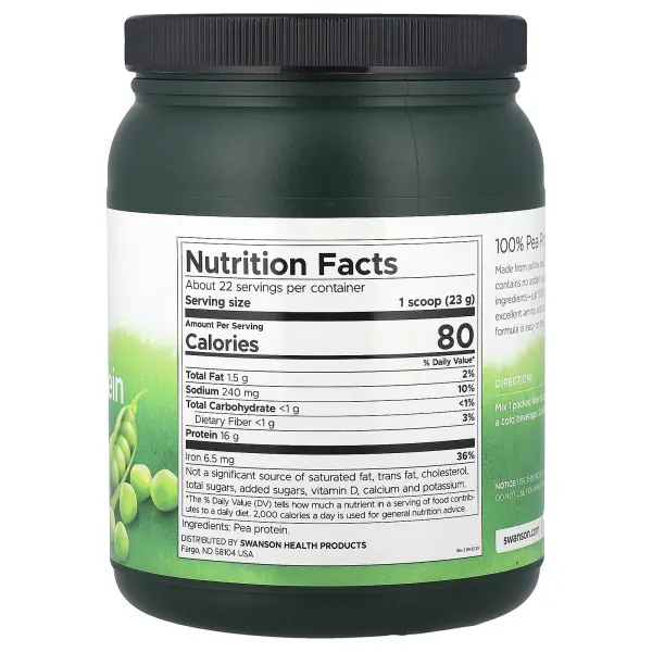 Swanson, 100% порошок из горохового протеина, без добавок, 503 г (1,1 фунта)
