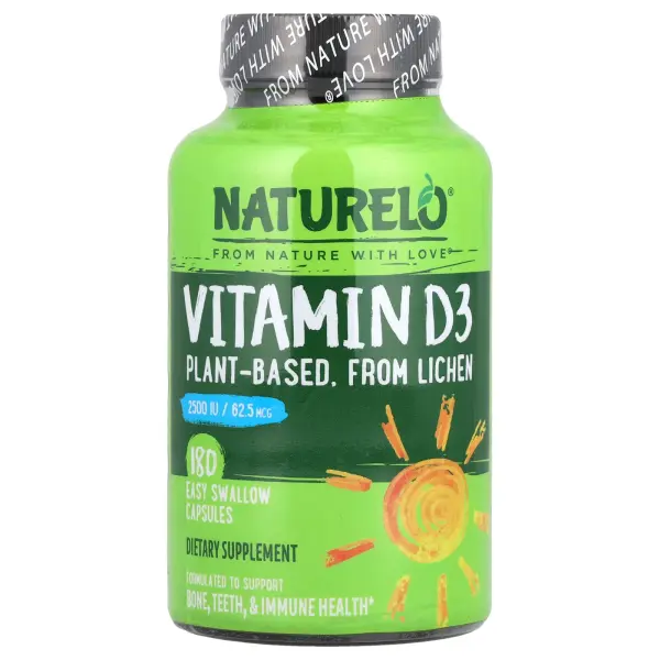 NATURELO, Витамин D3, растительного происхождения из лишайника, 62,5 мкг (2500 МЕ), 180 капсул для л