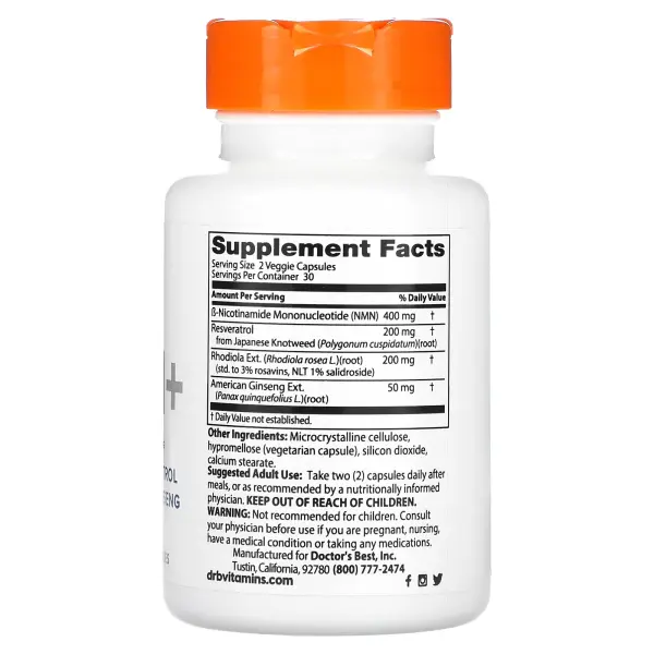 Doctor's Best, NMN+, 400 мг, 60 растительных капсул (200 мг в 1 капсуле)